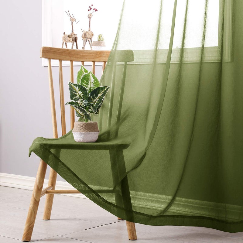 DWCN Faux Linen Ombre Sheer Curtains - Gradient Semi Voile Grommet Top Window Curtains for Bedroom and Living Room, Set of 2 Panels, 52 x 84 Inches Long, Olive Green - Image 5